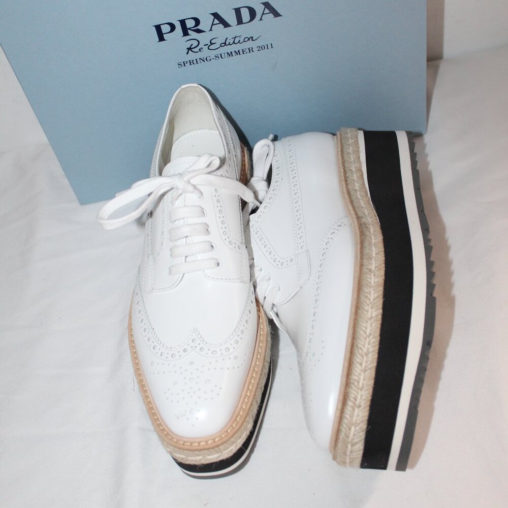 NWB PRADA Re-Edition 2011 Platform Spazzolato Leather Wingtip Oxford Loafer 40.5 - Picture 3 of 6